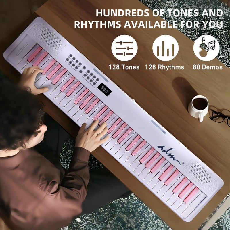 ADM 61 Key Folding Electric Piano Keyboard, Foldable Electronic Keyboard, Wireless 128 Tones, 128 Rhythms Includes Pedal, Gig Bag, Headphones for Beginners, Students, Teenagers, Adults, White - Image 5